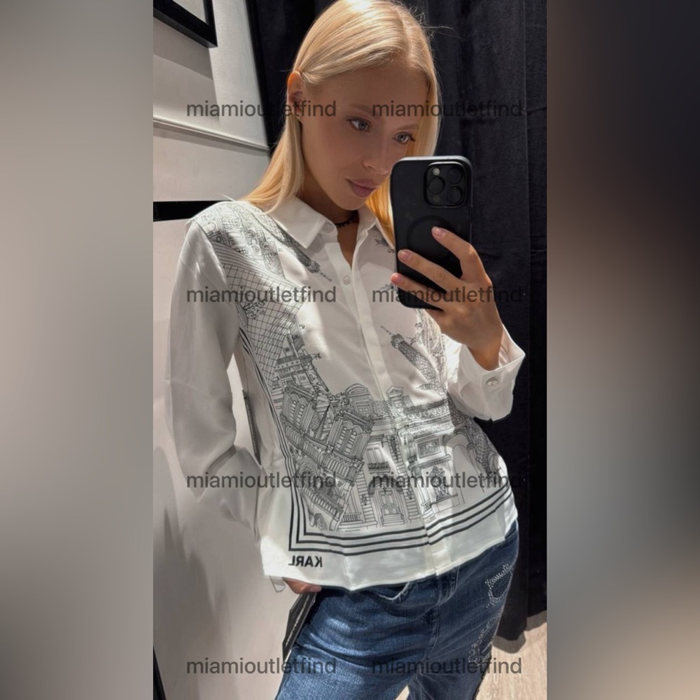 Karl Lagerfeld Women’s White Graphic Button-Up Shirt New